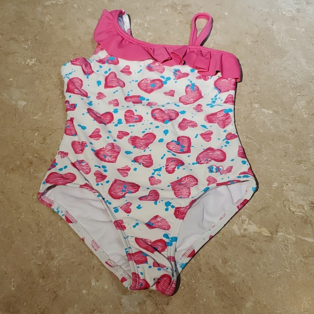 OP Pink Heart Print One Shoulder Swim Suit